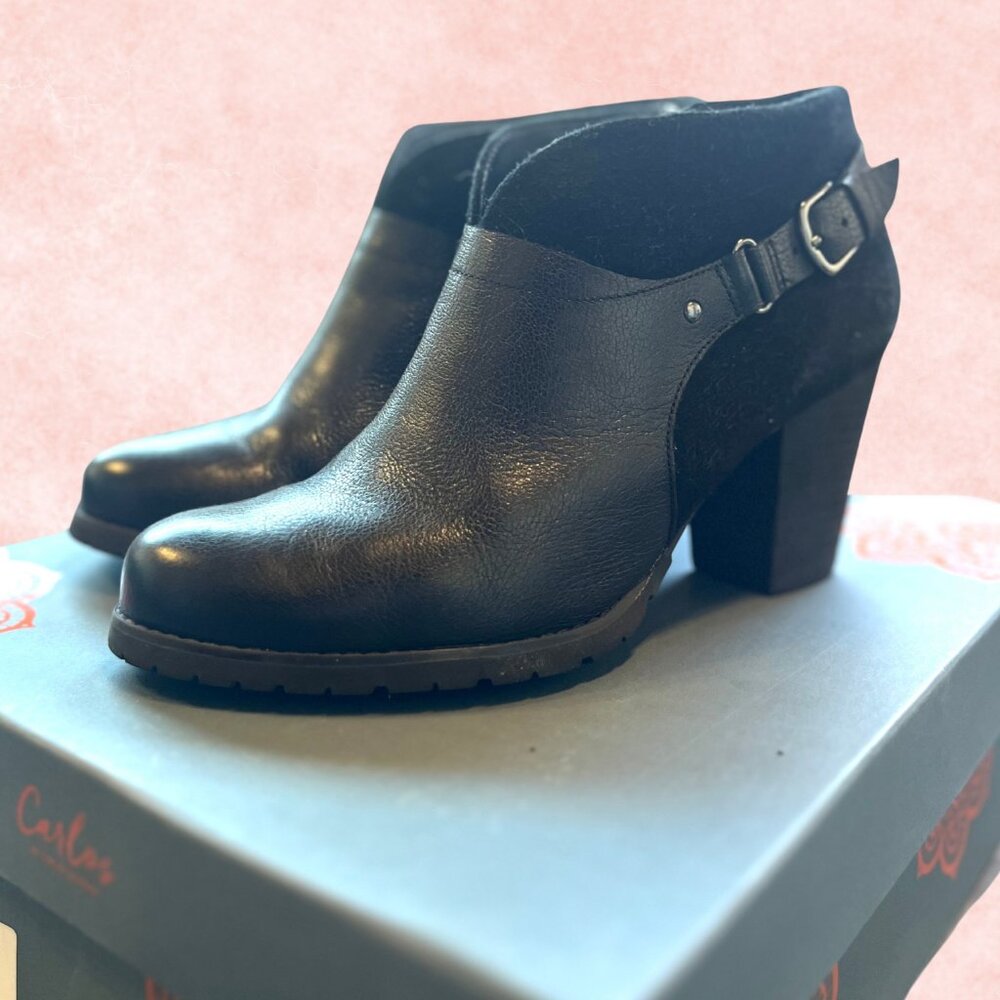 Clanks Black Leather Block Heel Ankle Boots – Size 8.5
